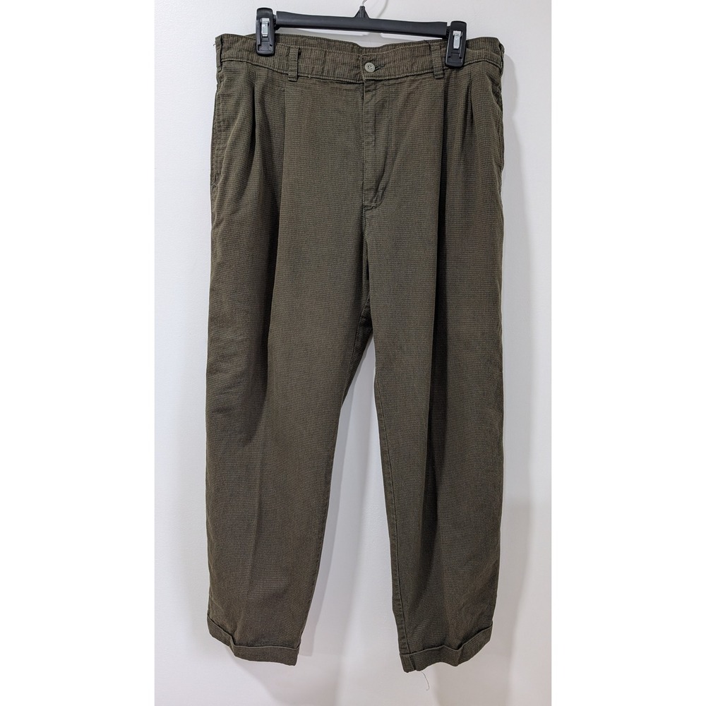Vintage Dockers Mens 36x30 Pleated Chinos Olive Green Micro Check Made in USA
